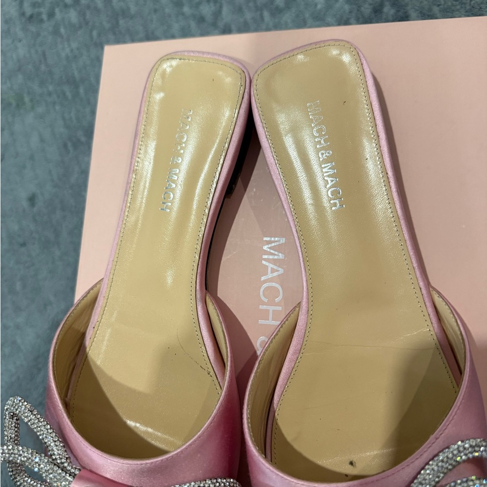 Mach & Mach Pink Satin Slide Sandals with Crystal Bow - Picture 3 of 7